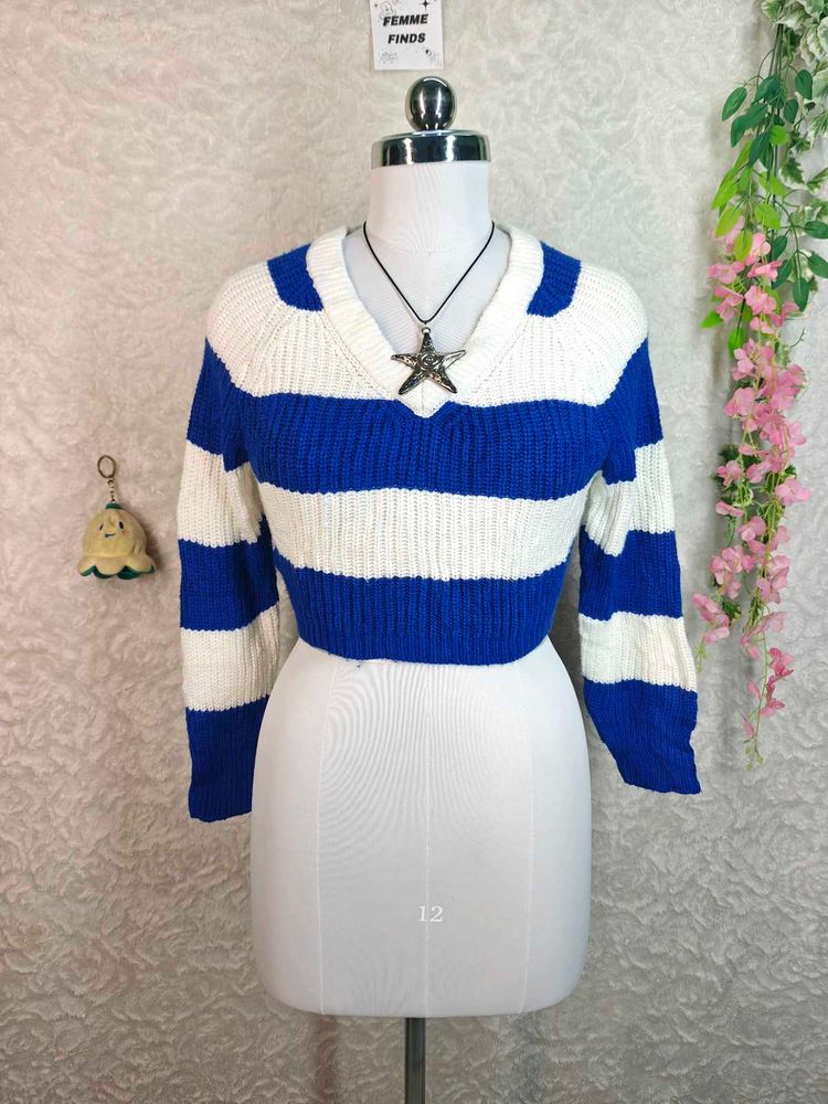 Blue &amp; White Striped Cropped Sweater