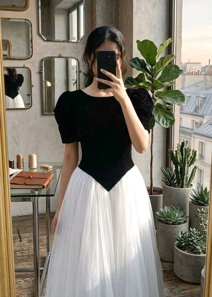 Elegant Black &amp; White Tulle Gown