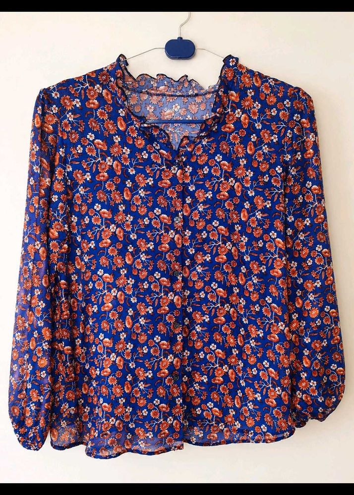 Chic Blue Floral Ruffle Neck Blouse