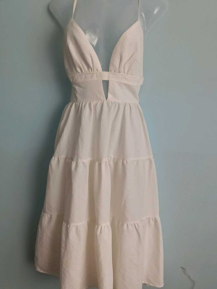 White Tiered Halterneck Midi Dress