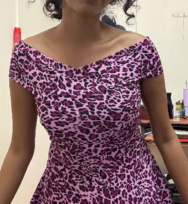 Pink Leopard Print Off-Shoulder Fit &amp; Flare Dress