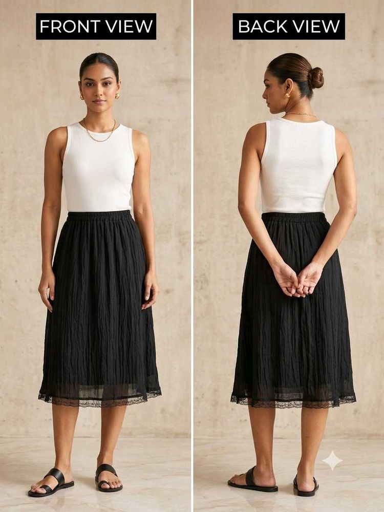Chic Black Midi Skirt with Lace Trim