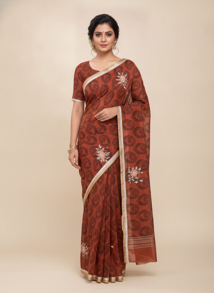 Elegant rustcolour Printed Saree with Blouse
