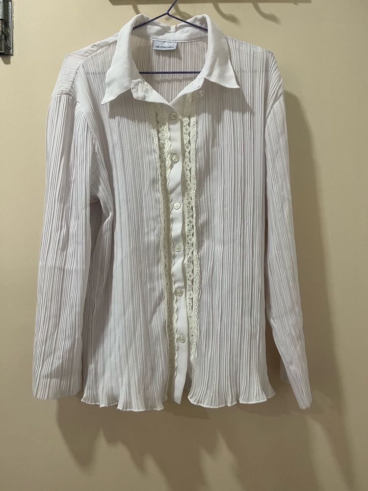 White Pleated Button-Up Top