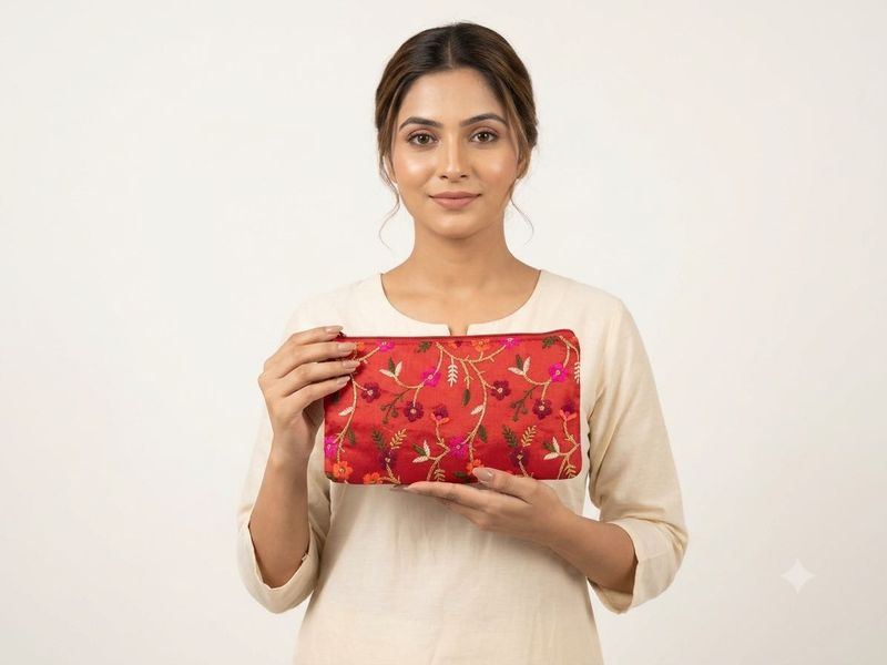 Red Silk Floral Hand-Embroidered Festive Clutch!