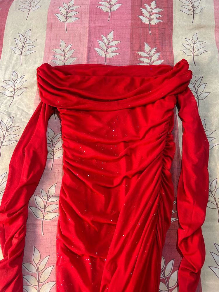 Stunning Red Off-Shoulder Ruched Dress