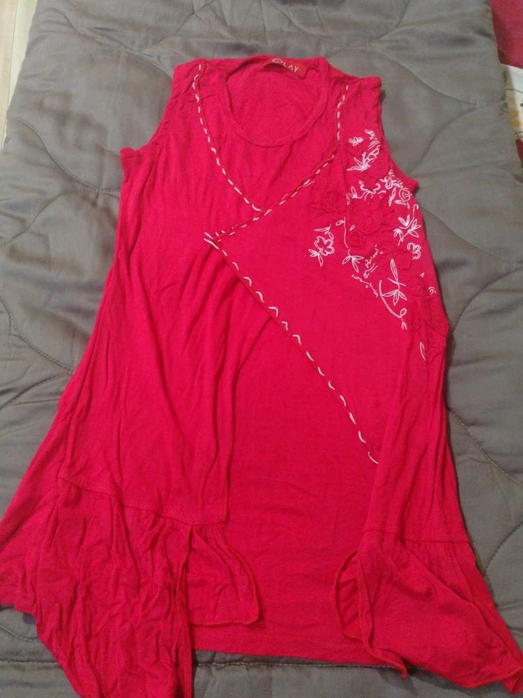 Vibrant Red Embroidered Tunic Top