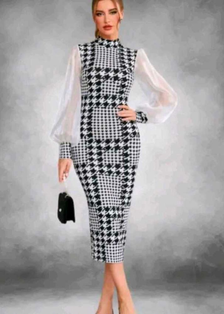 Chic Houndstooth Sheer Sleeve Dress