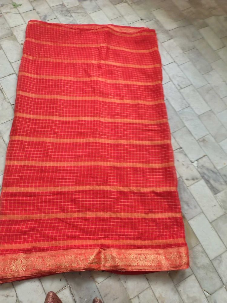 Vibrant Red &amp; Orange Striped Saree