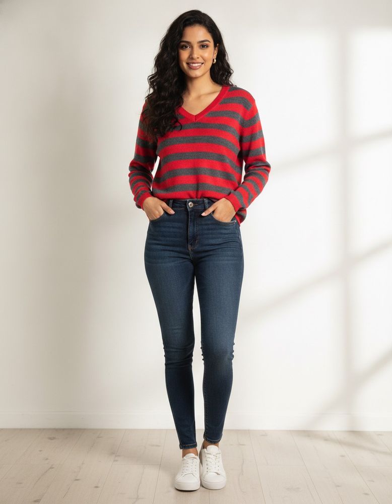 Red &amp; Grey Striped V-Neck Sweater