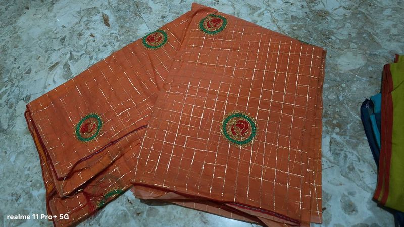 Orange Saree with Golden Checks