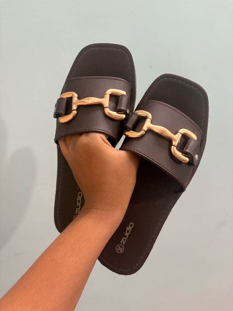 Stylish Women's Brown Slides with Gold Buckle