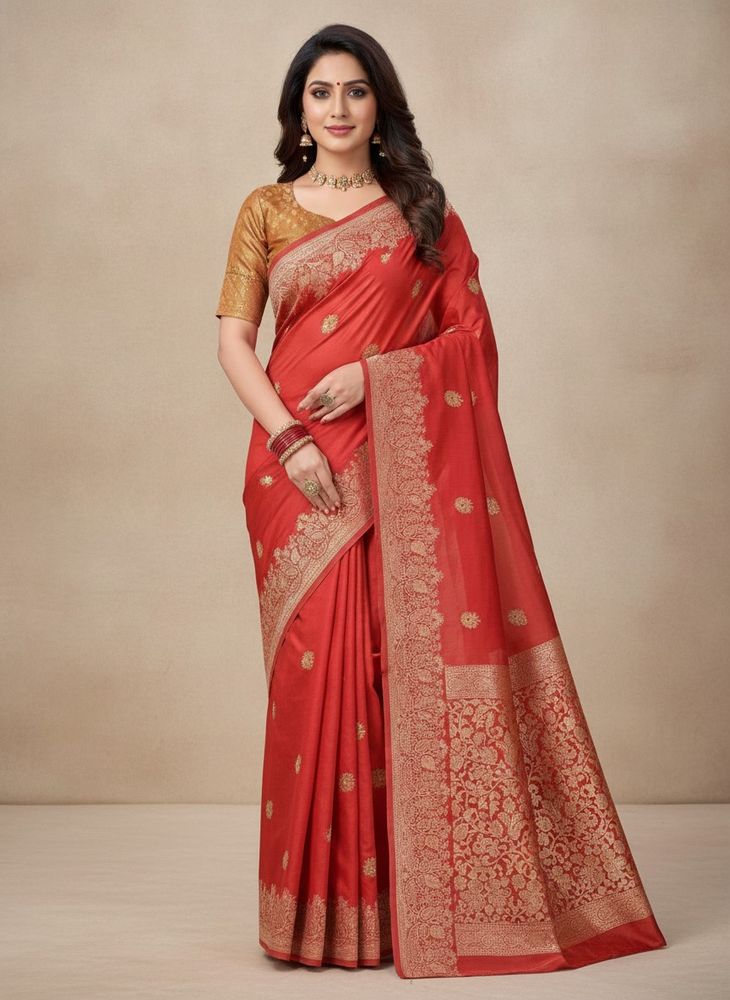 Elegant Red Tussar Silk Banarasi Saree with Resham