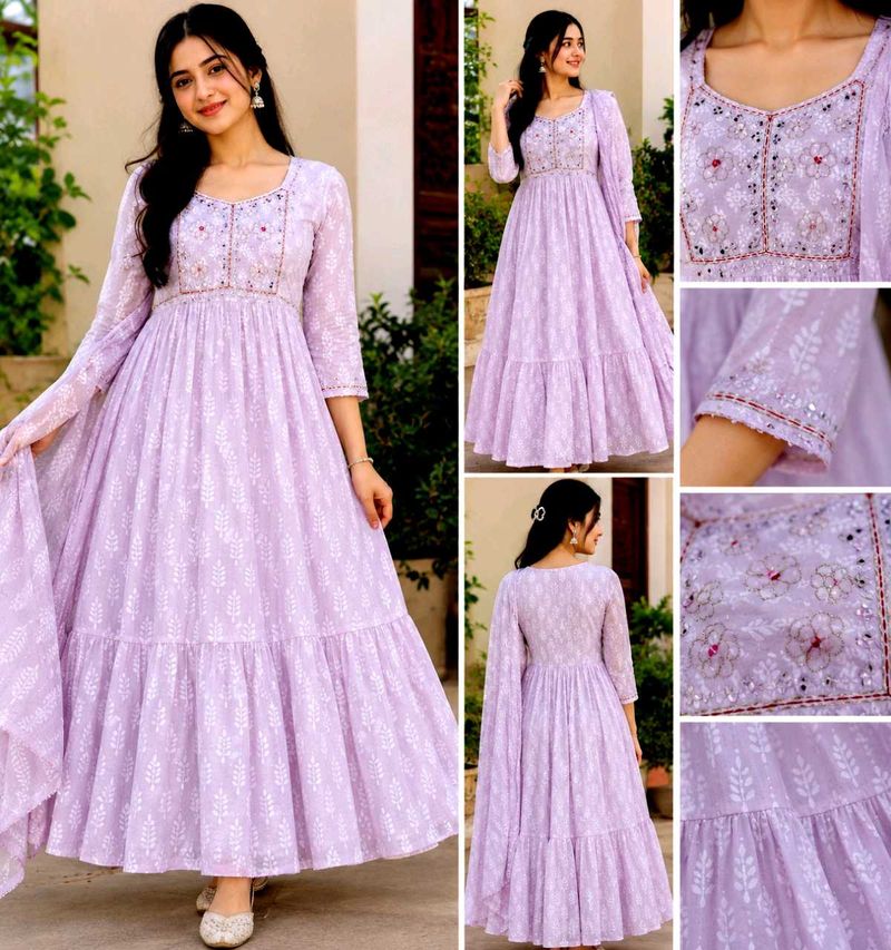 Lilac Anarkali Kurta Set with Mirror Work