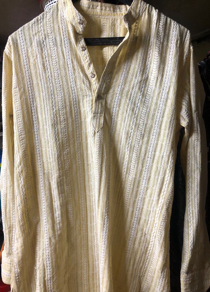 Pastel Yellow Embroidered Kurta For Men