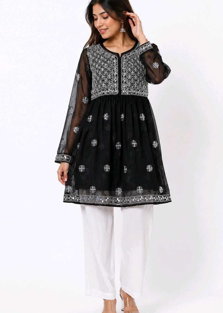 Black Embroidered Organza frock style kurti