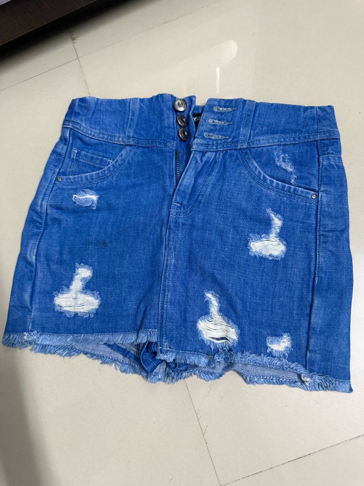 Distressed Denim High-Waist Skort