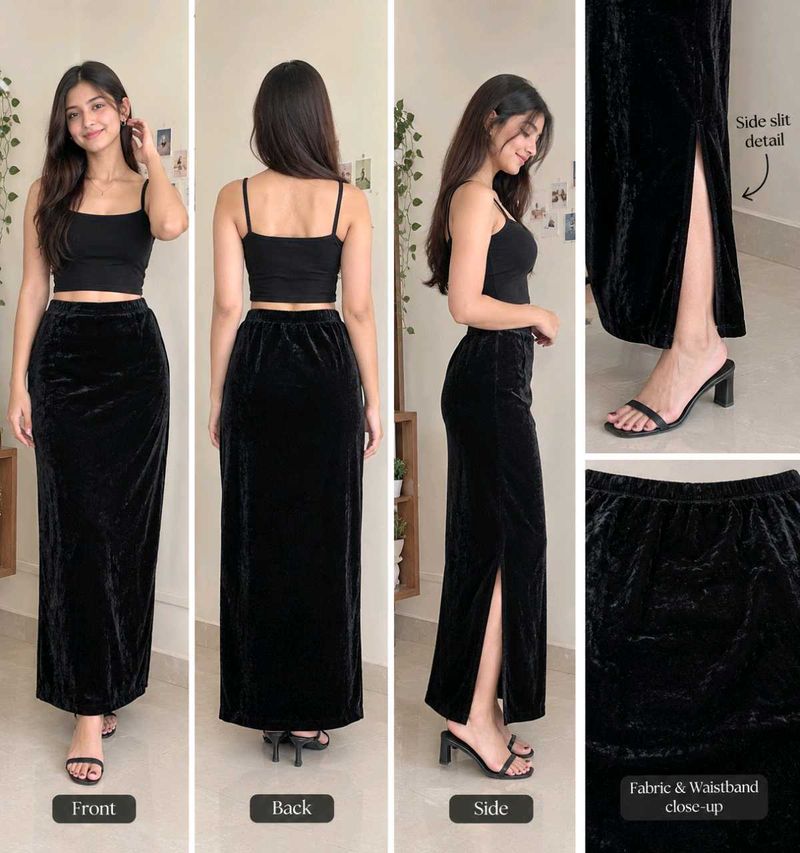 Elegant Black Velvet Maxi Skirt with Slit