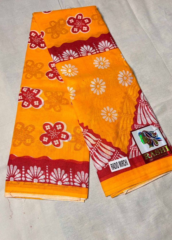 Yellow Red Mulmul Cotton Saree