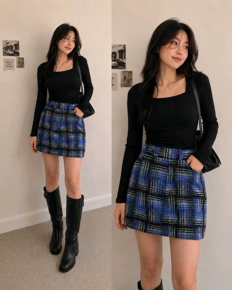 Blue &amp; Grey Plaid Mini Skirt