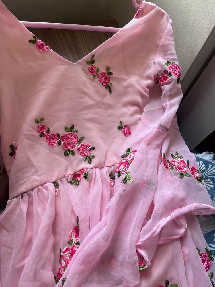 pink pretty flowers embroidered frok