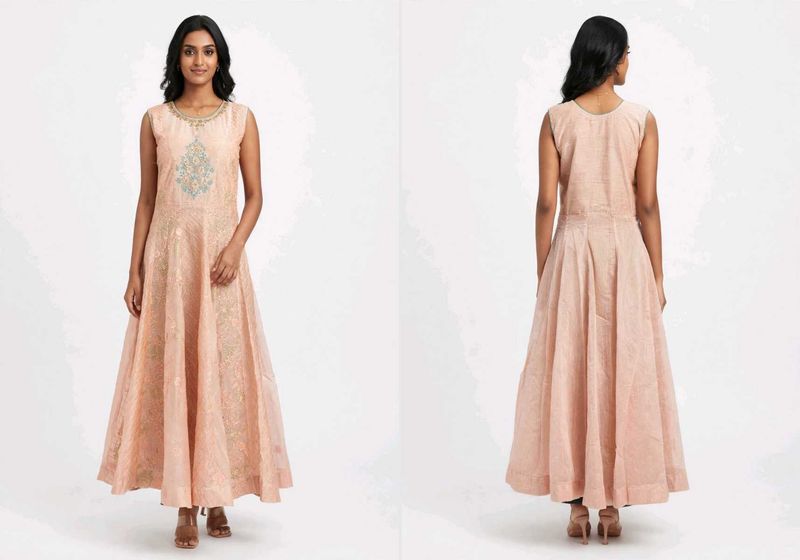 Peach Chanderi Silk Full Flair Gown with Leggings