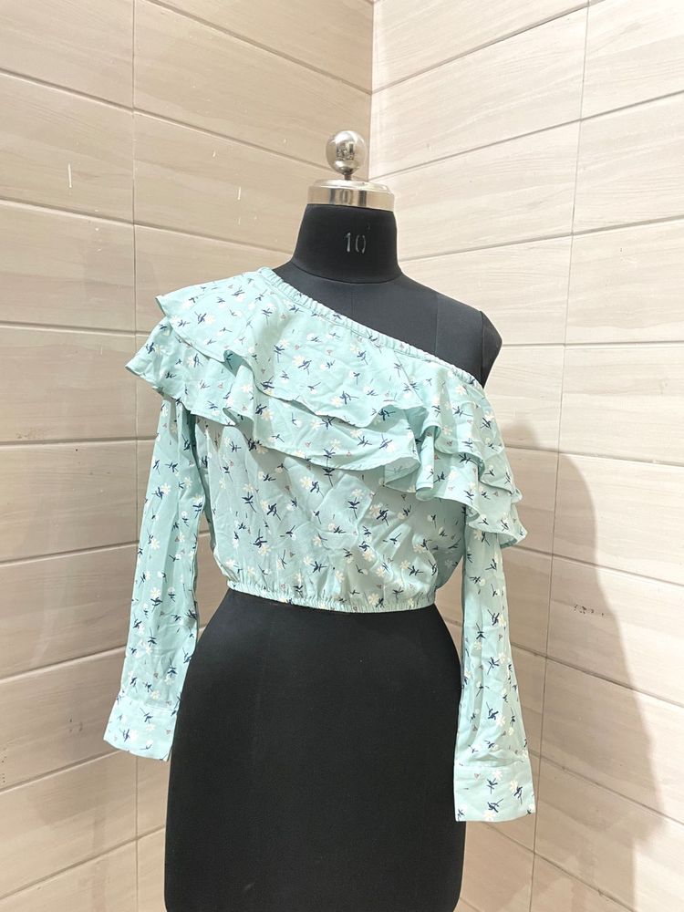 Blue Floral One Shoulder Ruffle Crop