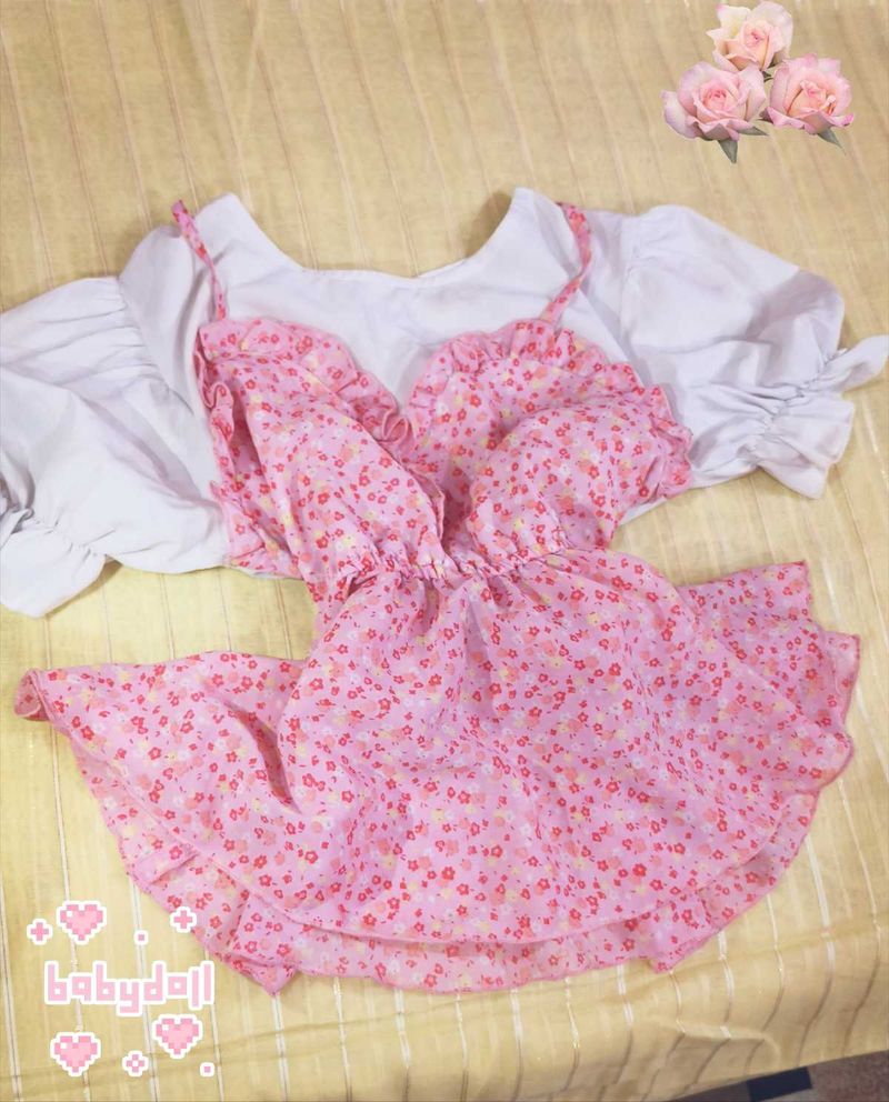 Pink Floral y2k  Babydoll Dress / to