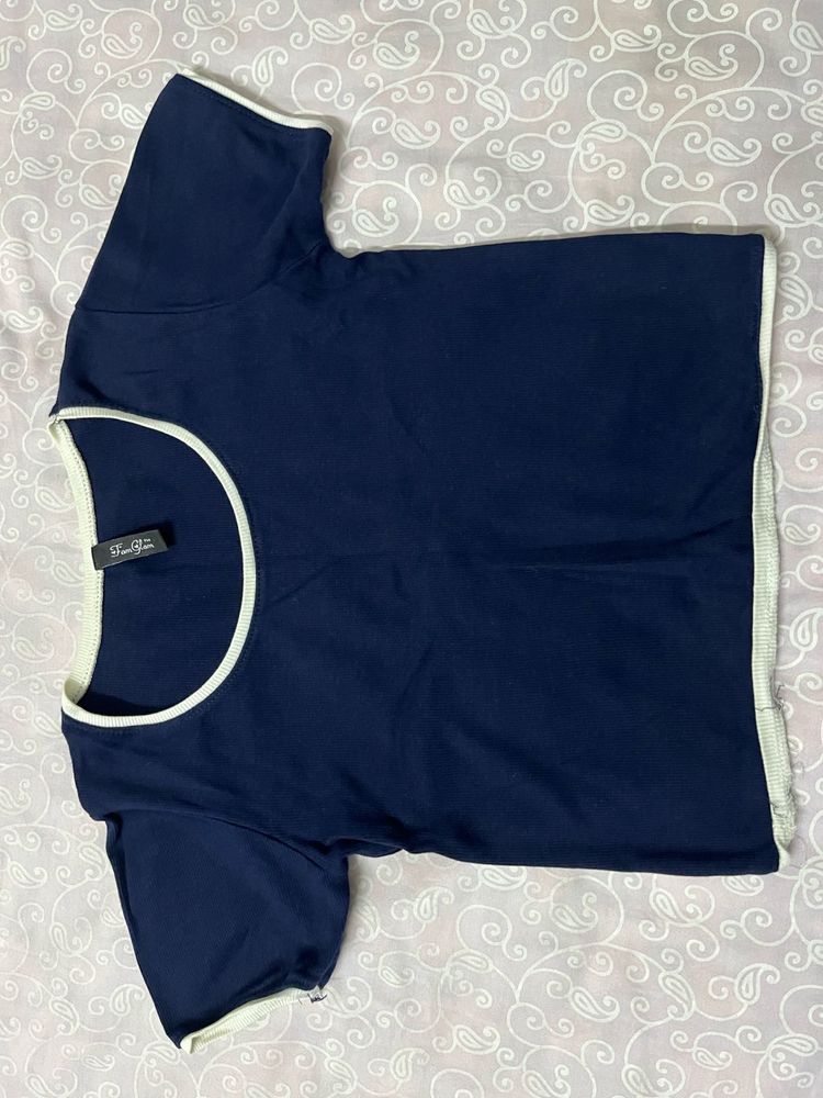 Navy Blue Trimmed Crop Top