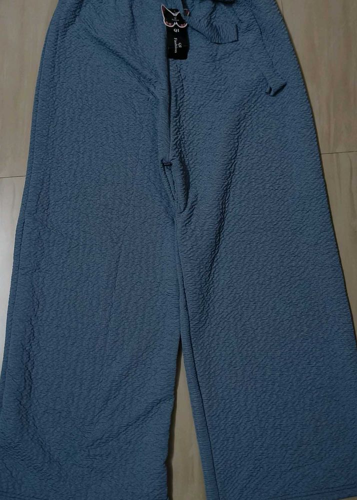 Blue Textured Wide-Leg Pants