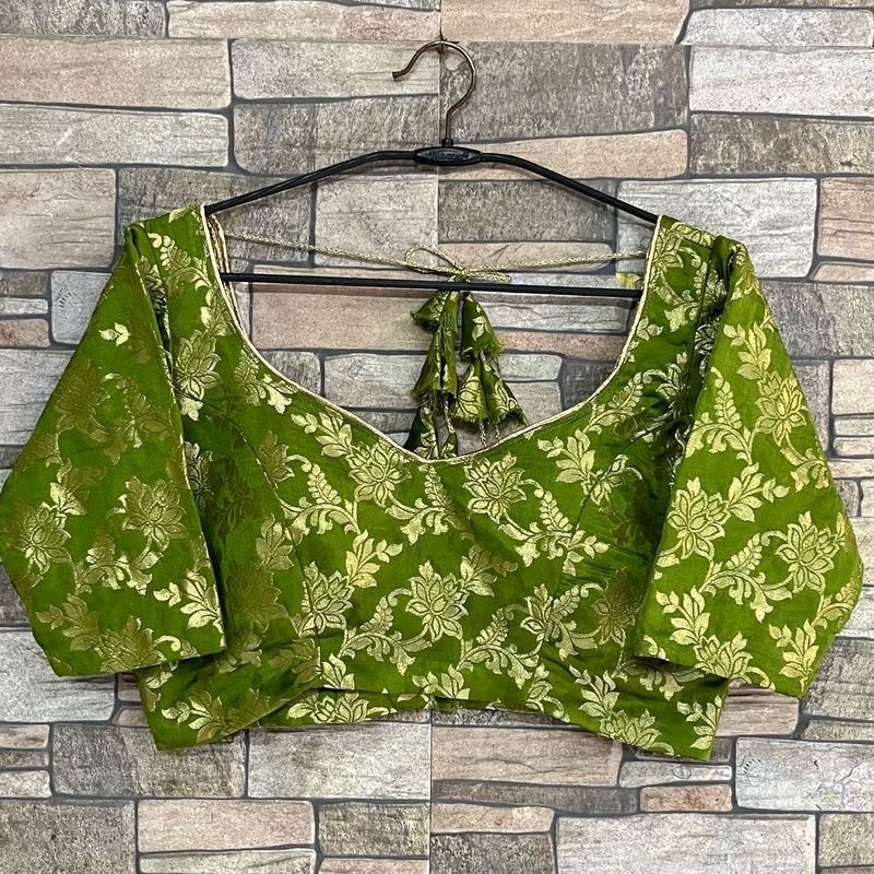 Green Brocade Blouse with Golden Floral Print
