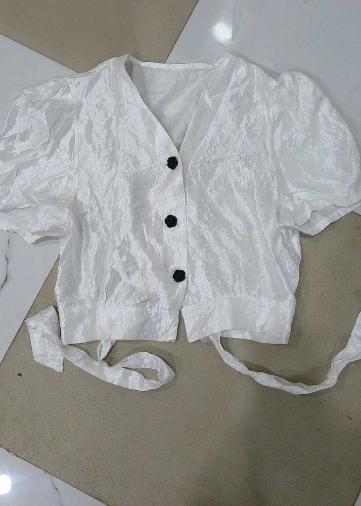 Korean White Puff Sleeve Cropped Top