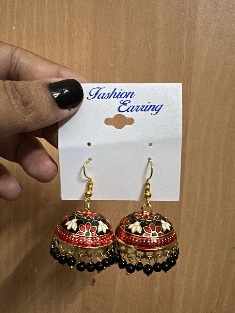 jaipur Red &amp; Black Jhumka Earrings