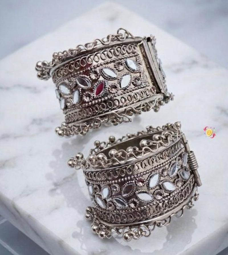 Boho Silver Mirror Work Bangles