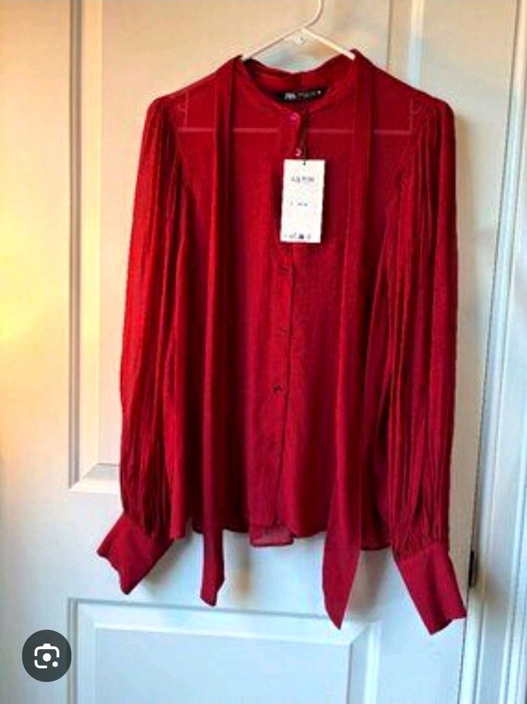 Red Zara Button-Up Blouse with Tie