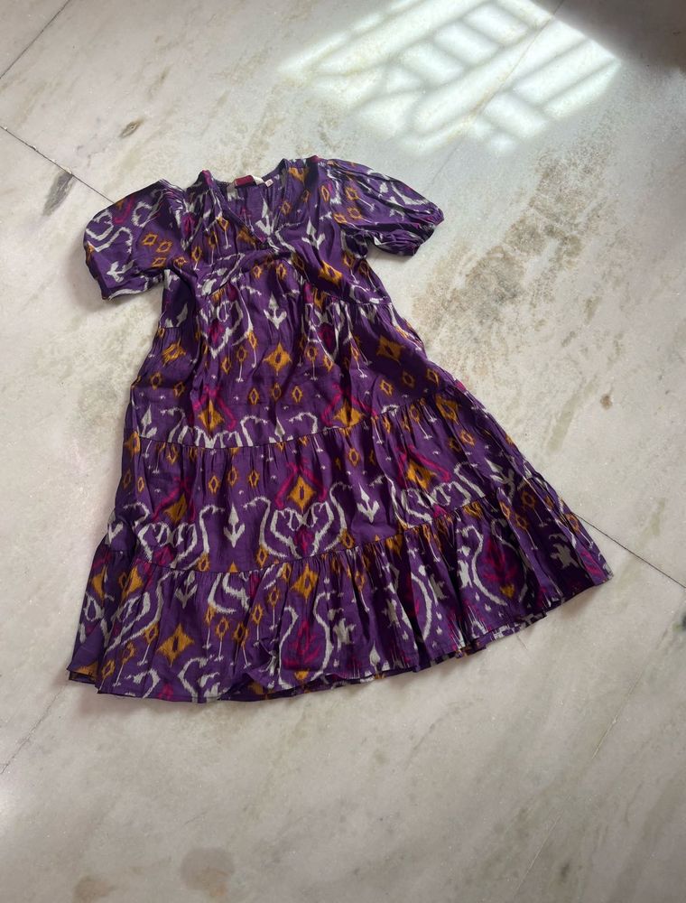 Boho Purple Print Tiered Midi Dress