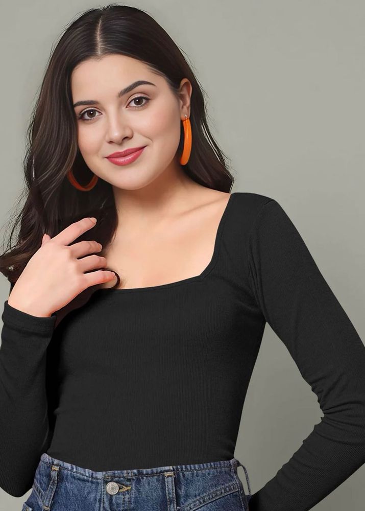 Black Square Neck Long Sleeve Top