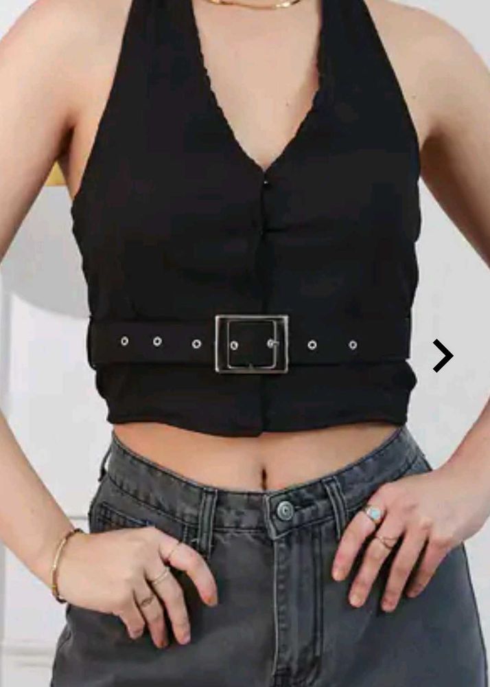 Stylish Black Halter Top with Belt Detail