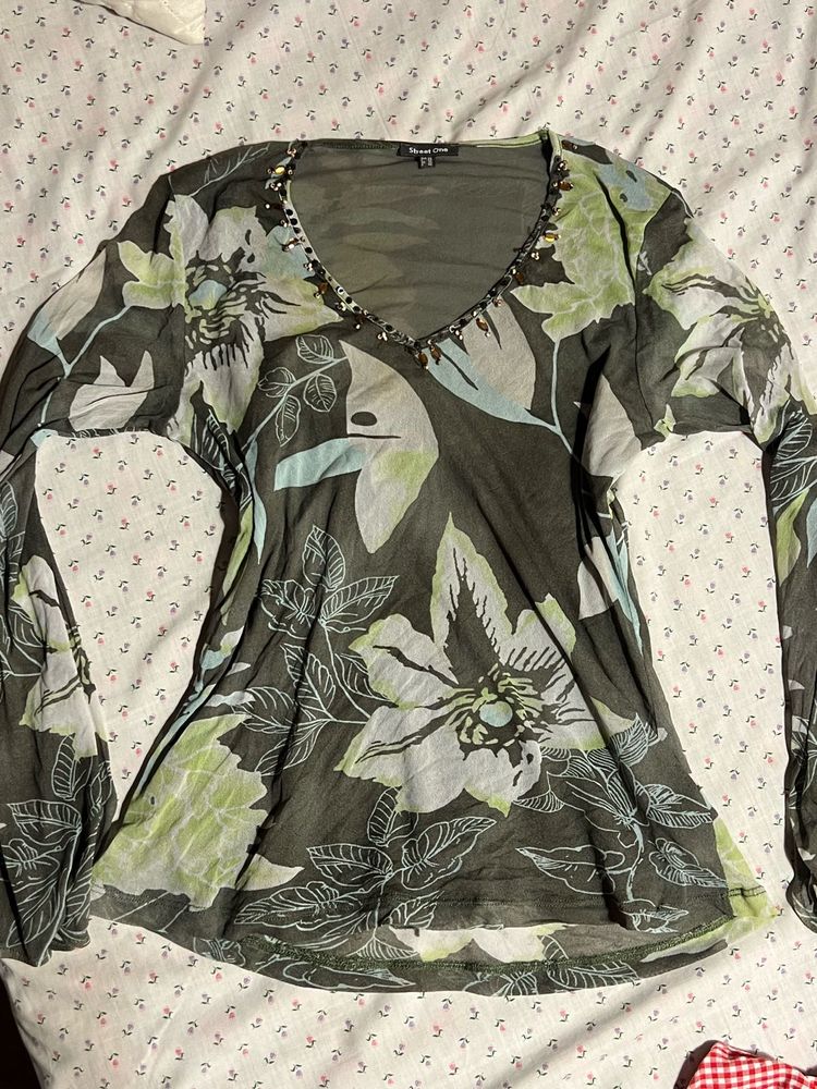 Sheer Floral V-Neck Top