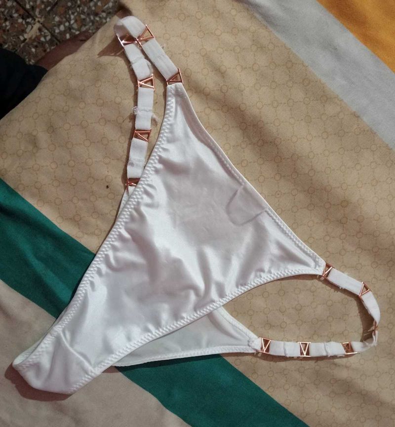 White Satin Thong with Rose Gold Accents