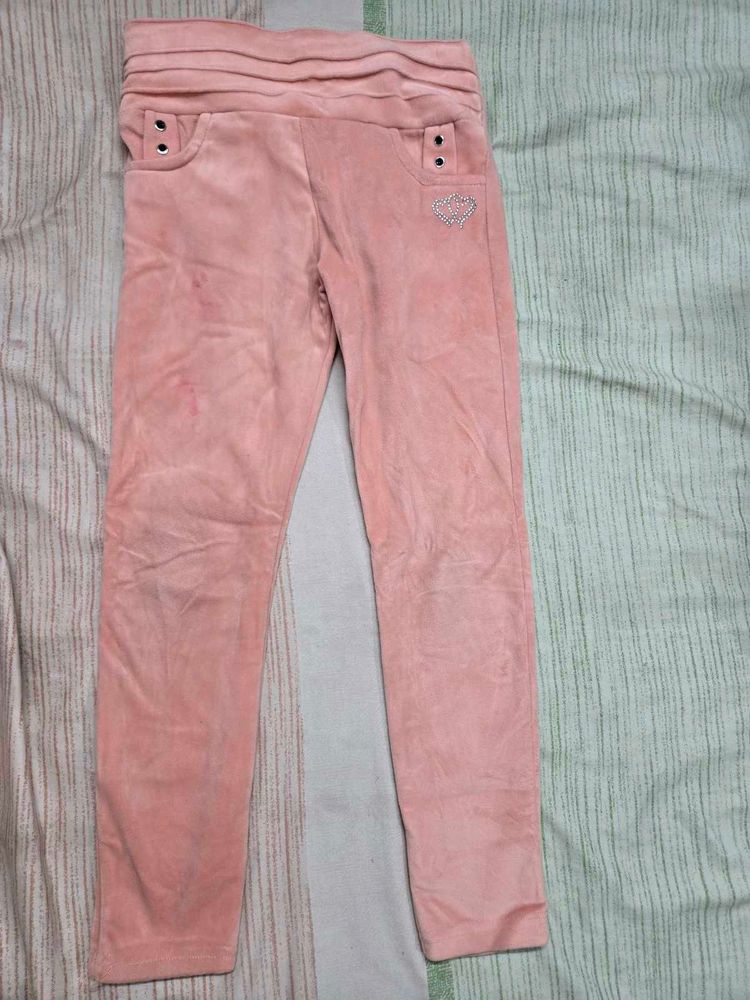 Girls Pink Velvet Leggings