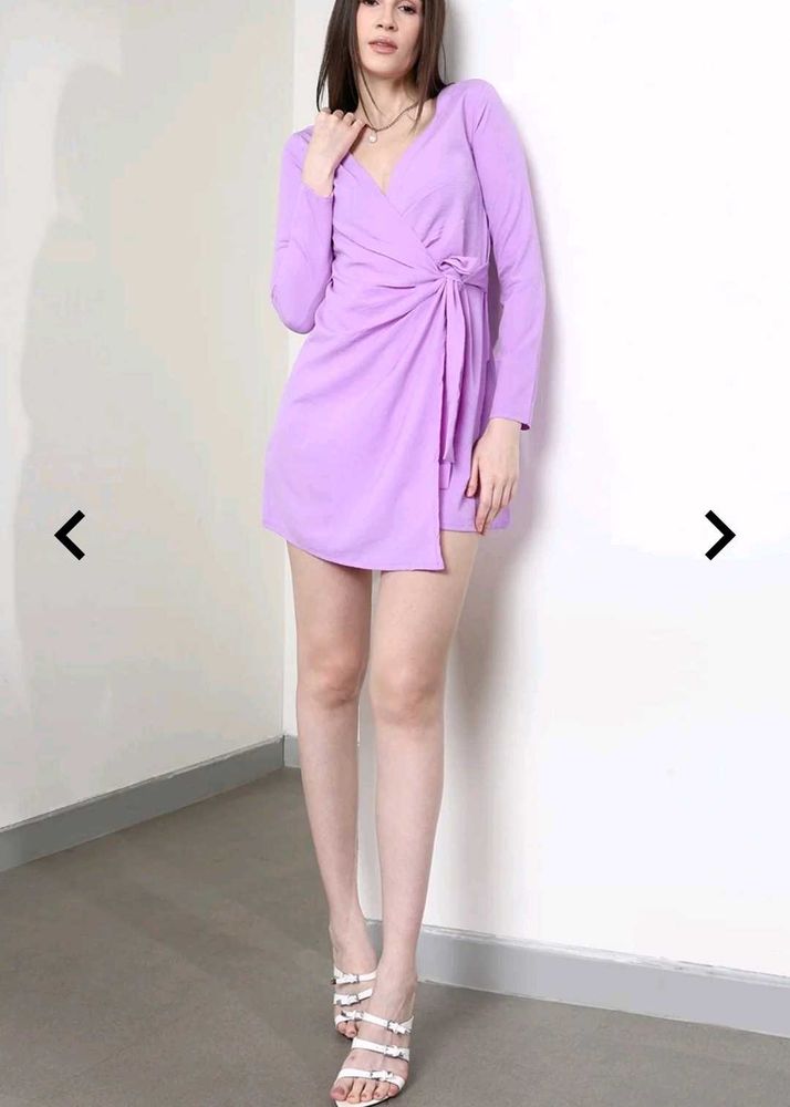 Party Mini Length Full Sleeve Textured Wrap Dress