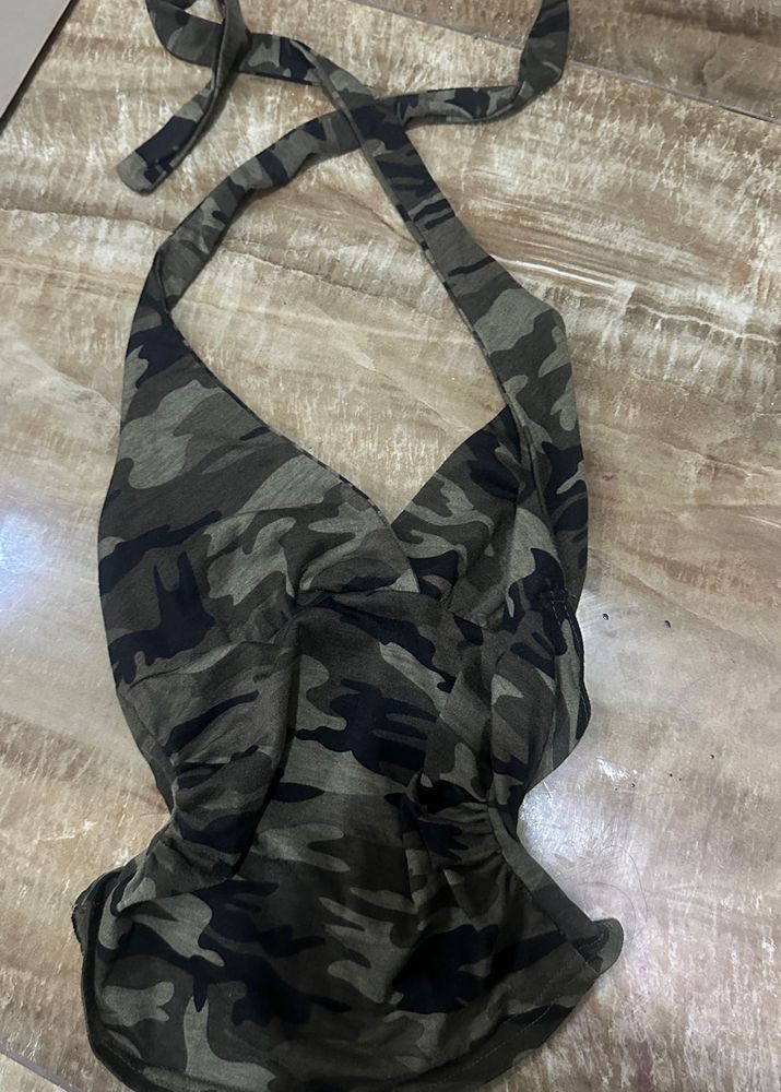 y2k camo print halter neck top
