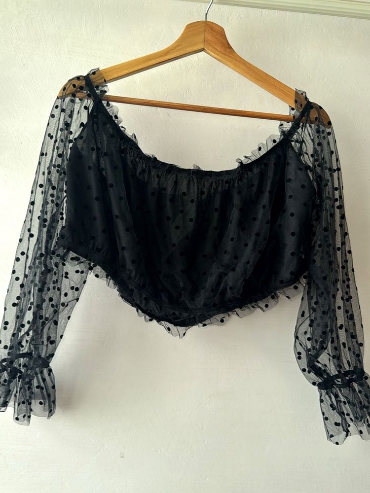 SHEIN Curve Black Polka Dot Sheer Mesh Top