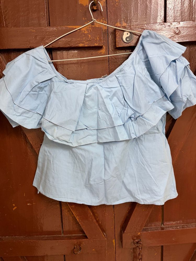 Light Blue Ruffled Off-Shoulder Top