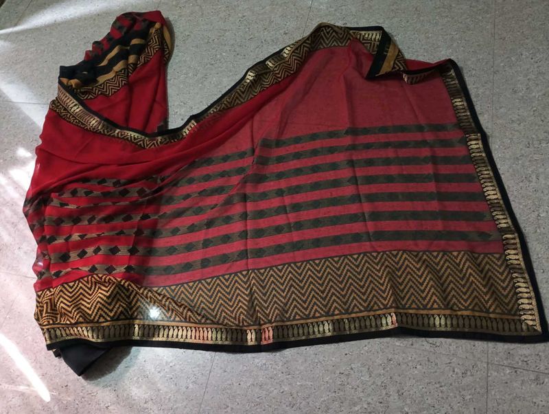 Red &amp; Black Saree with Gold Border