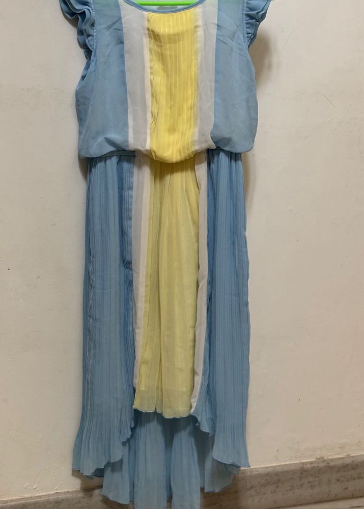 Light Blue &amp; Yellow Pleated Midi Dress