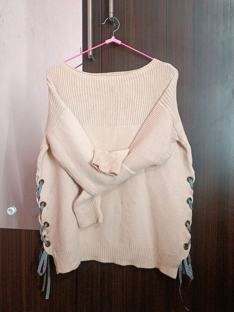 Cream Lace-Up Sweater