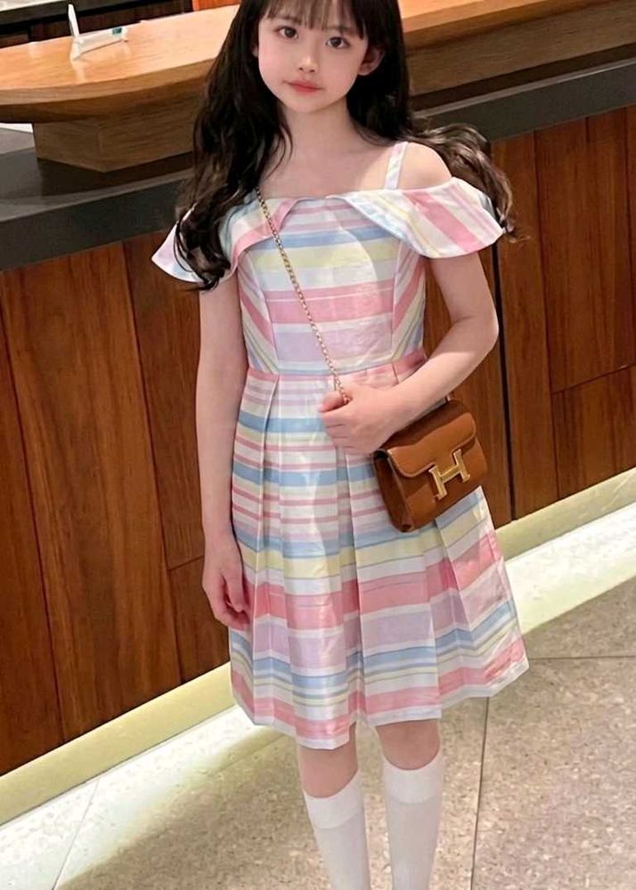 Girls Striped Cold Shoulder Dress