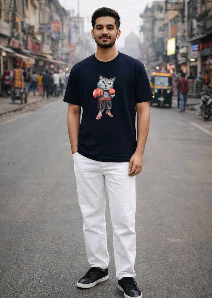 Black T Shirt with Boxing Cat Print